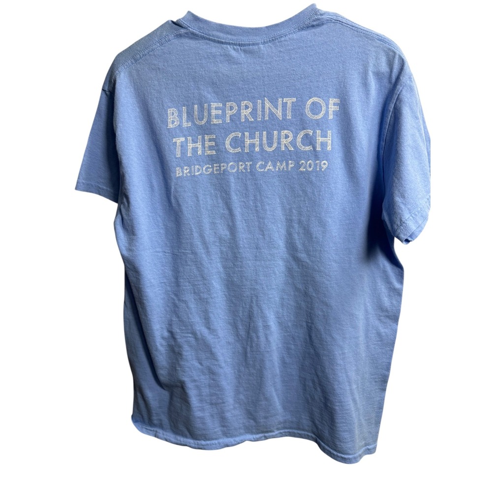 Gildan Mens Blueprint Of The Church Bridgeport Camp 2019 Cross T-Shirt Blue M - Picture 4 of 4